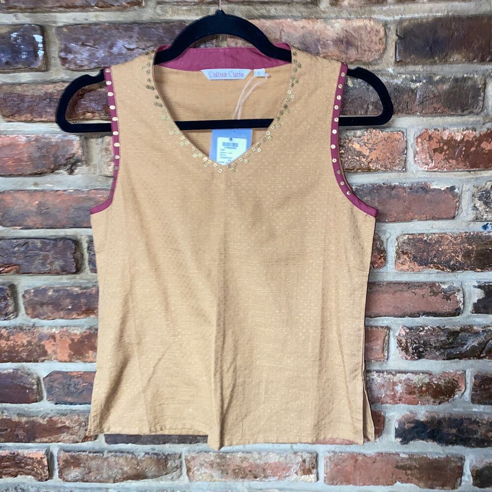 New NWT Vintage Cotton Curio Tan Embellished Sleeveless Top Women's Size Small